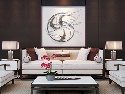 3d新中式米白色客厅沙发茶几组合模型