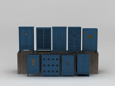 3d中式实木蓝色衣柜模型