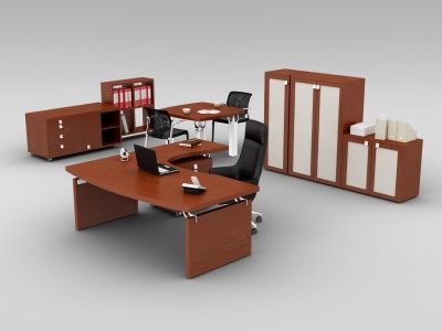 3d中式办公室实木桌椅家具组合模型