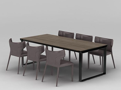 3d北欧咖啡色实木餐桌椅组合模型