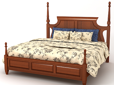 3d美式卧室实木双人床模型