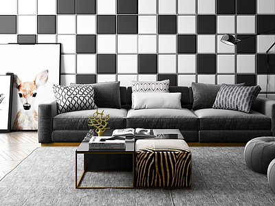 3d中式时尚灰色沙发茶几组合模型