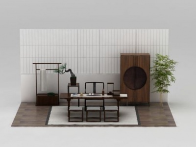 3d新中式实木桌椅组合模型