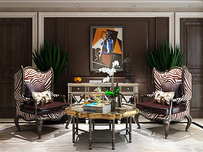 3d美式客厅斑马纹真皮沙发茶几组合模型