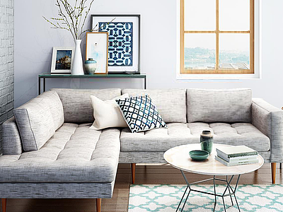 3d时尚休闲灰色布艺沙发茶几组合模型
