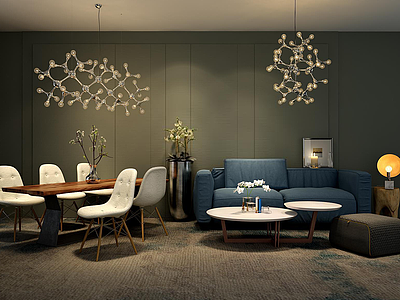 3d时尚蓝色布艺沙发茶几组合模型