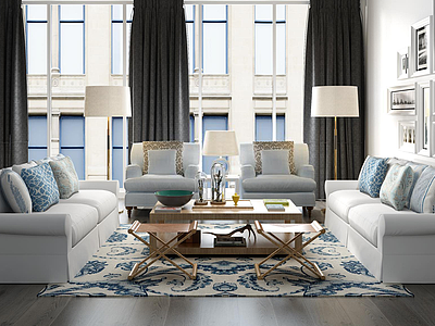 3d现代客厅浅蓝色沙发茶几组合模型