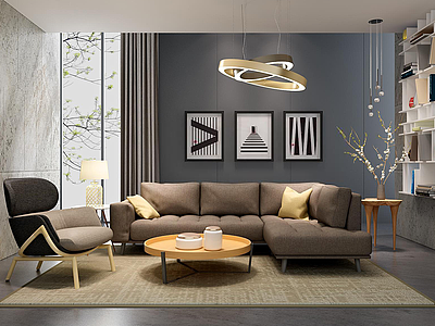 3d现代棕色软包布艺沙发茶几组合模型