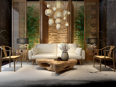 精品布艺沙发树雕茶几组合3d模型