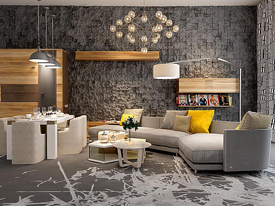 3d时尚灰色布艺沙发白色实木茶几组合模型