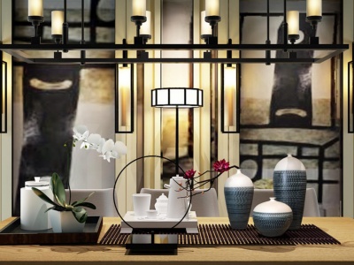 中式吊灯桌椅饰品组合3d模型