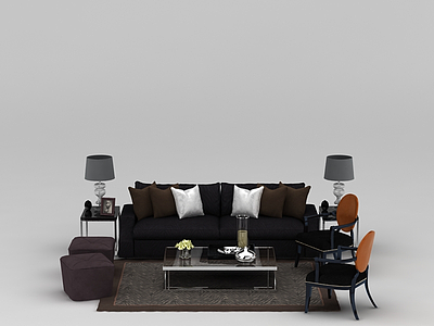 3d欧式黑色布艺沙发茶几组合免费模型