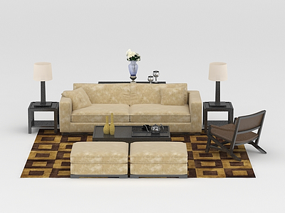 现代米色印花布艺沙发茶几套装模型