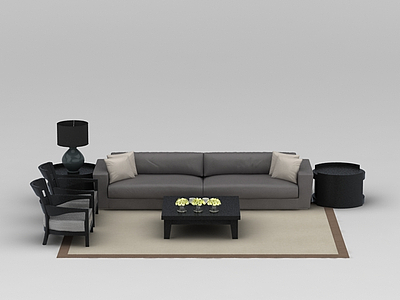 现代灰色布艺沙发茶几组合模型
