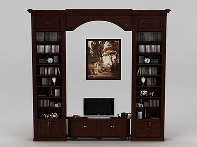 3d现代实木客厅电视柜书柜免费模型