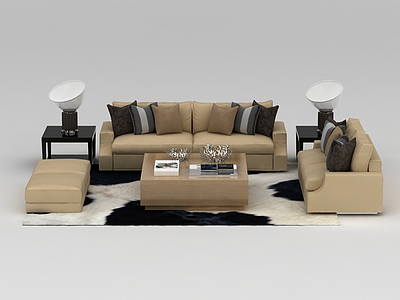 3d现代米色沙发茶几组合模型