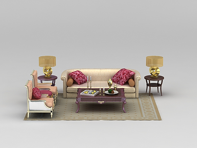 3d欧式香槟色<font class='myIsRed'>组合沙发</font>茶几组合免费模型