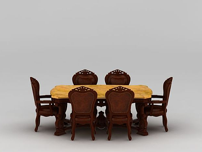 中式实木雕花餐桌餐椅组合模型3d模型