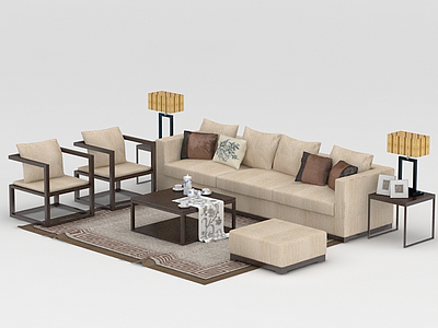 现代中式客厅沙发茶几组合模型3d模型