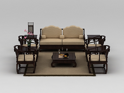 中式实木雕花沙发茶几组合模型