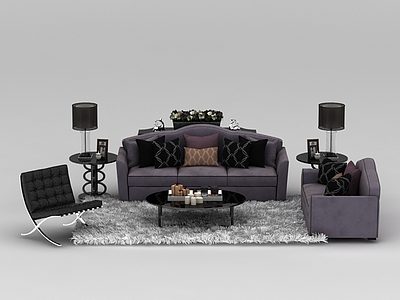欧式紫色布艺组合沙发模型