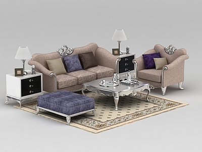 3d欧式条纹印花布艺组合沙发模型
