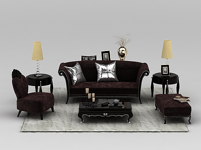 3d欧式咖啡色绒布组合沙发模型