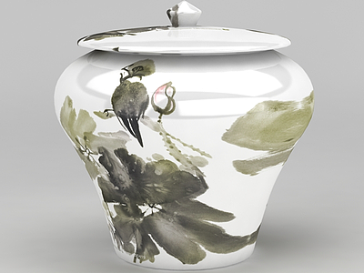 3d中国风水墨画陶瓷罐子模型