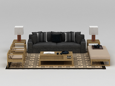 3d现代灰色布艺组合沙发模型