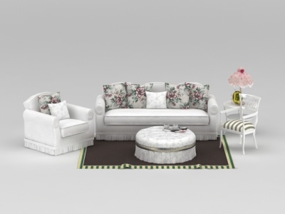 3d欧式印花布艺白色沙发套装模型