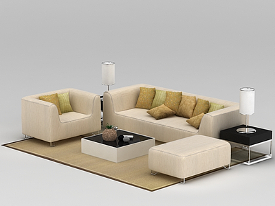 3d现代米色布艺沙发茶几组合模型
