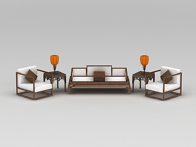 中式实木沙发茶几组合模型