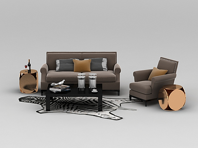 时尚浅灰色绒布组合沙发模型3d模型