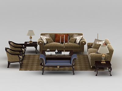 现代印花布艺组合沙发模型