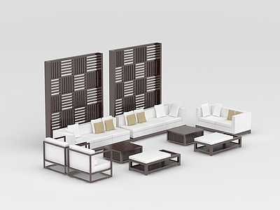 3d简约中式实木沙发茶几屏风组合模型