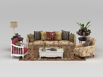 3d田园风格印花布艺组合沙发模型