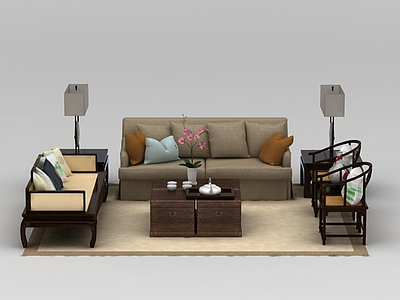 3d中式灰色布艺组合沙发模型