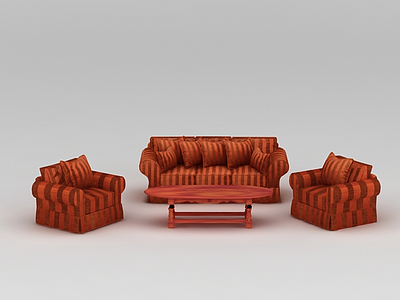 红色条纹布艺沙发茶几组合模型3d模型
