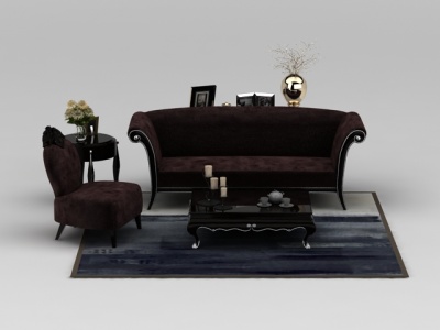 3d欧式咖啡色绒布组合沙发模型