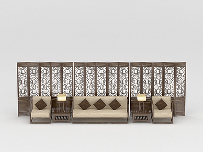 中式实木沙发茶几屏风组合模型3d模型