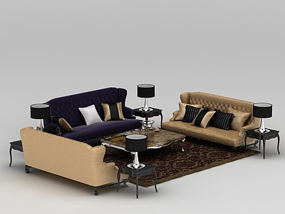 美式软包沙发茶几组合模型3d模型