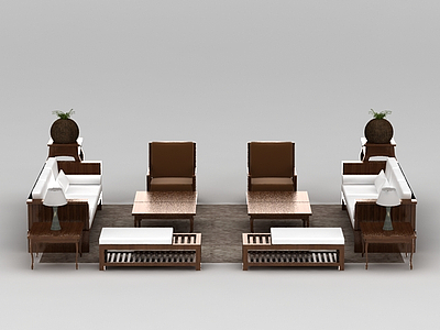 高档中式实木沙发茶几组合模型