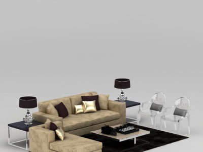 现代印花沙发套装沙发茶几组合模型