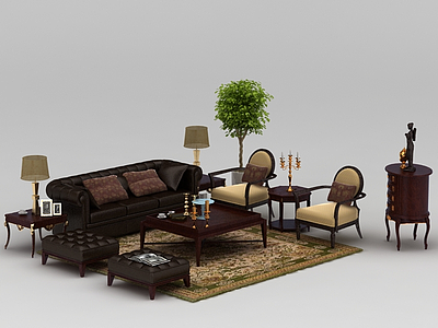 3d精美中式皮沙发茶几组合免费模型