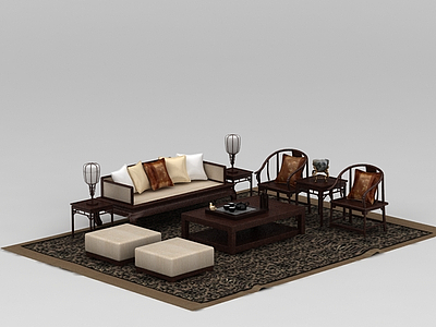 中式实木组合沙发模型