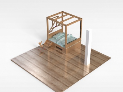 3d木质四柱儿童床模型