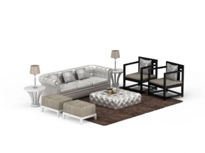3d欧式银色软包沙发茶几组合模型
