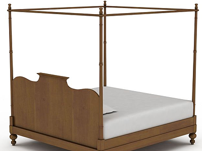 中式四柱实木双人床模型