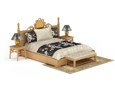 3d欧式实木双人床免费模型