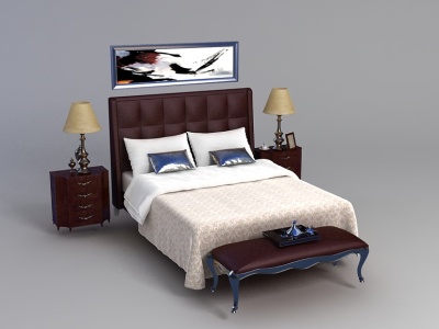 3d新中式实木双人床免费模型